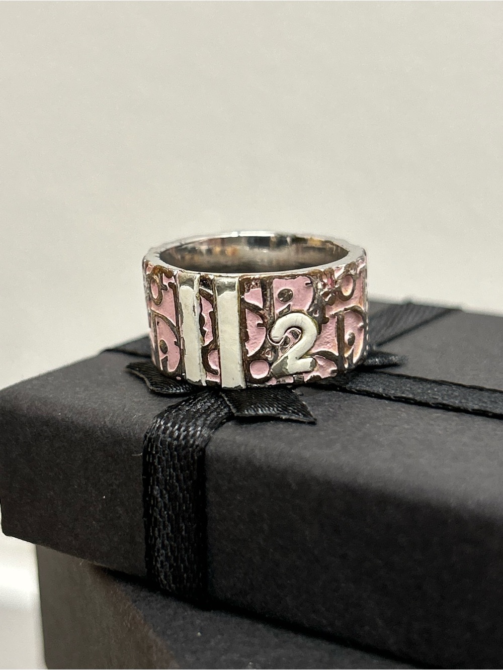 DIOR Vintage Christian Dior Oblique Pink Trotter No. 2 Silvertone Ring • Size 6